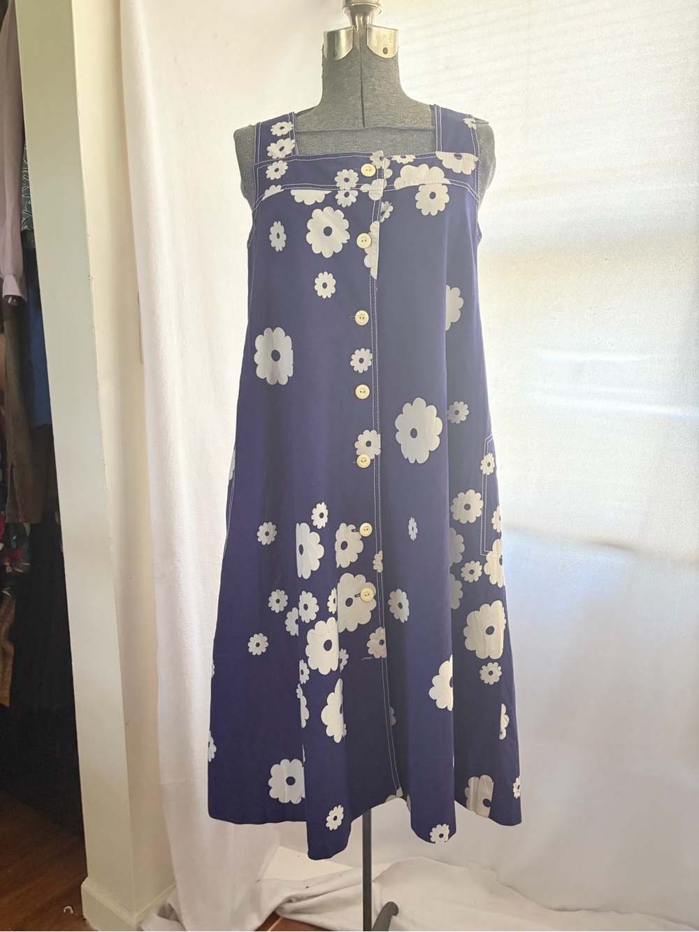 Vtg RARE 60s Merry Finn mod navy floral swing dress